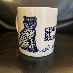 Vintage Taylor & Ng "Chat Et Souris" Cat and Mouse Mug Cup, 1979, Blue CRACKED